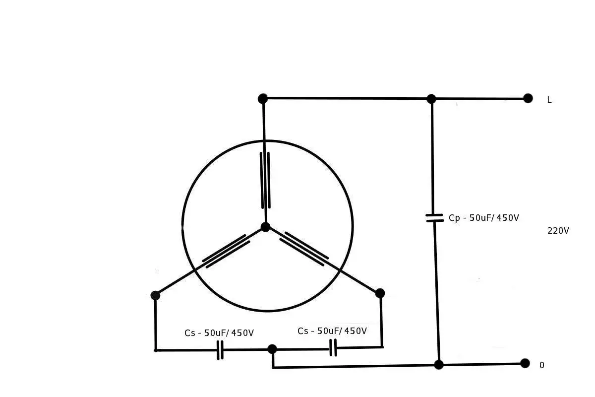 Schemat jak zrobić generator prądu 230V z alternatora, z użyciem kondensatorów 50uF/450V.