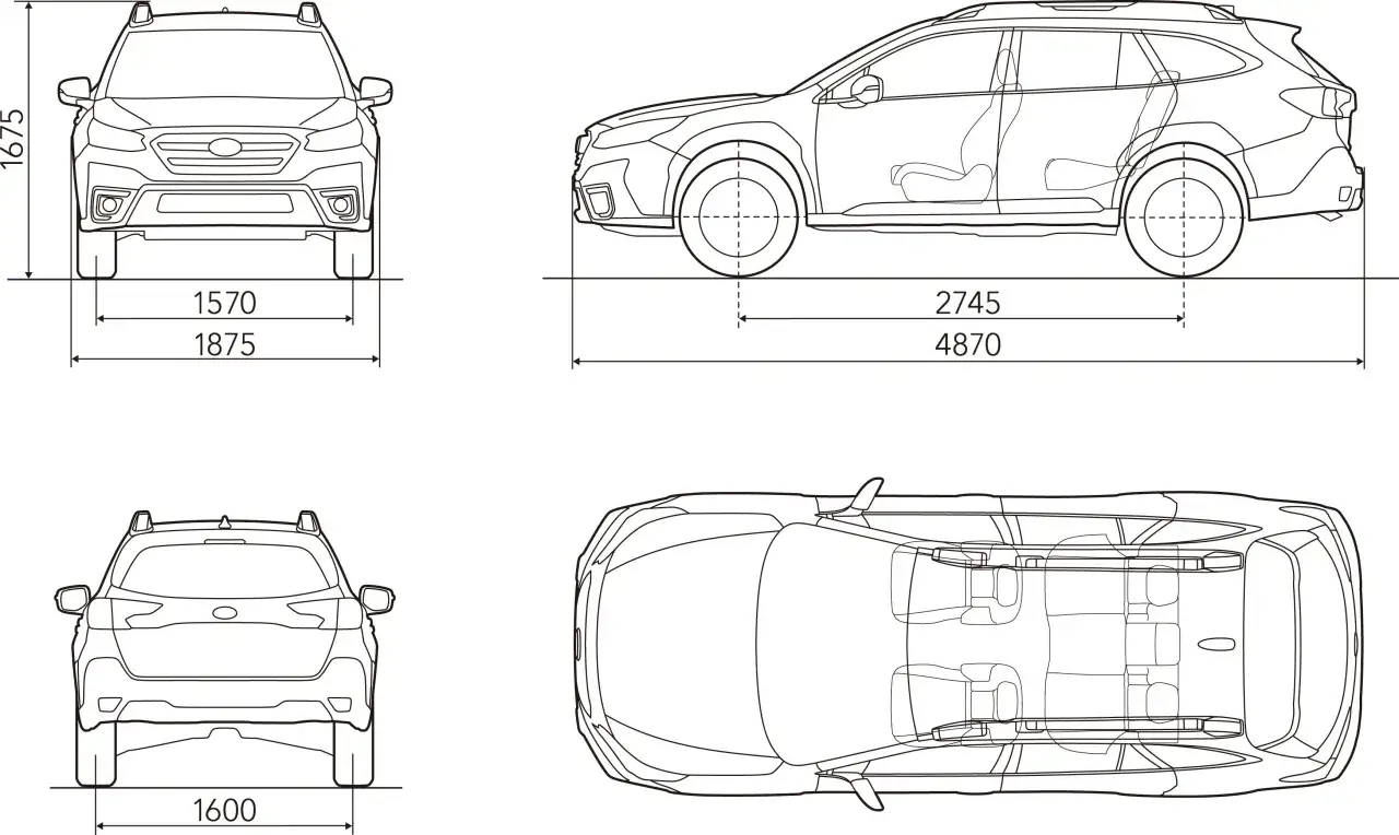 Rysunki techniczne Subaru Outback z wymiarami: wysokość 1675 mm, szerokość 1875 mm, długość 4870 mm, rozstaw osi 2745 mm, szerokość tyłu 1600 mm.