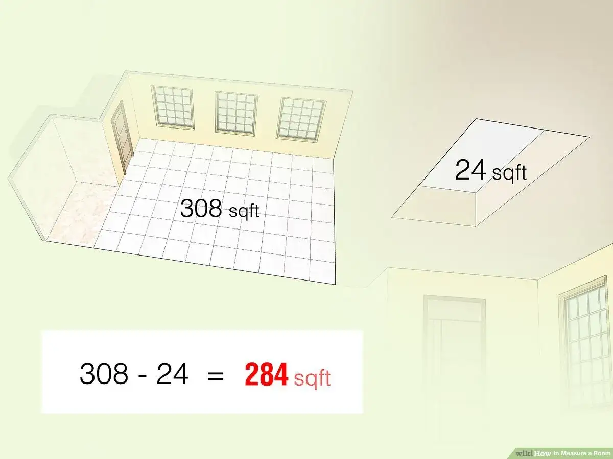 Ilustración muestra cómo saber los metros cuadrados de una habitación. Se resta un área de 24 sqft de un total de 308 sqft, resultando en 284 sqft.