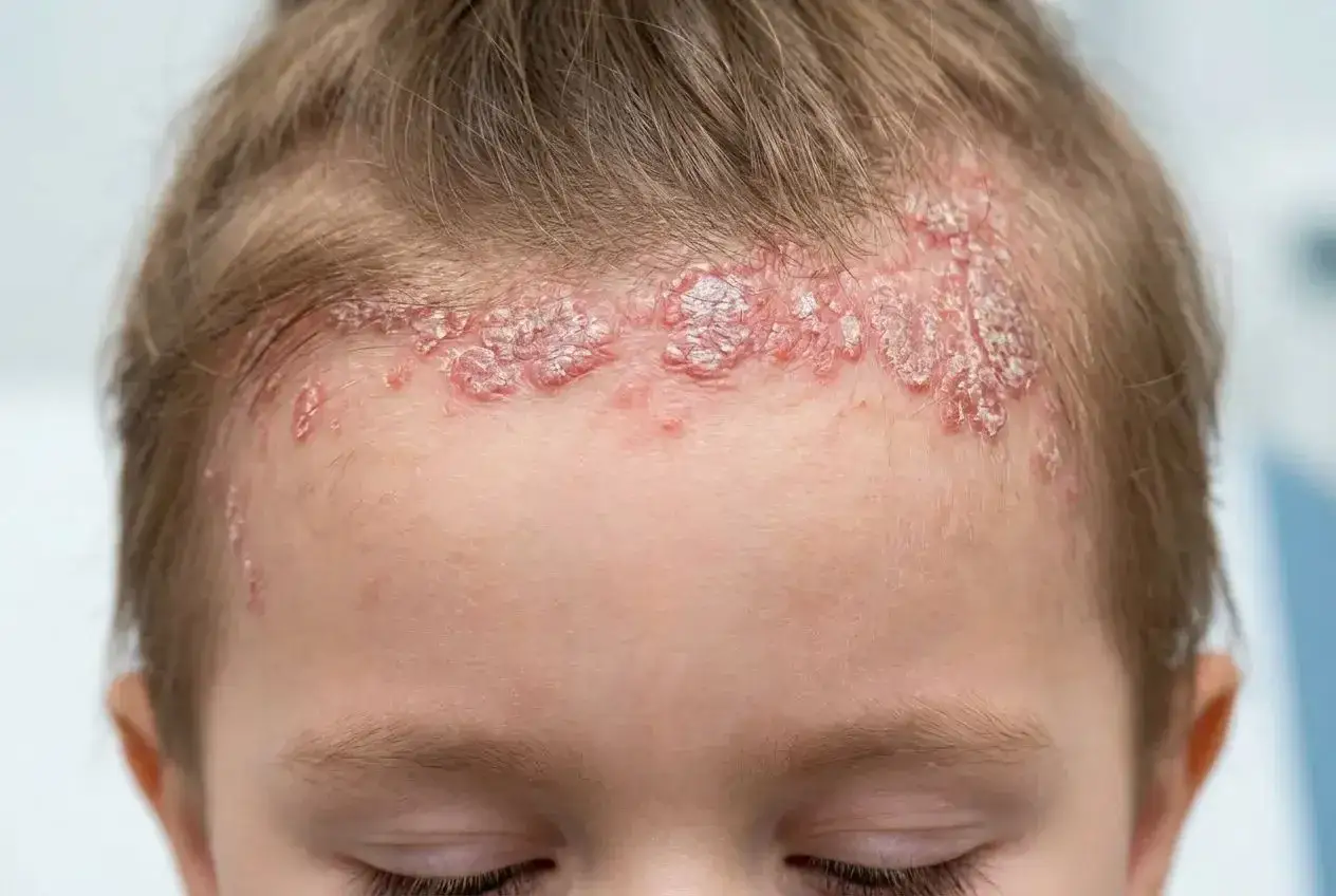 Psoriasis sur le front d'un enfant, une affection cutanée qui peut affecter la pellicule enfant.