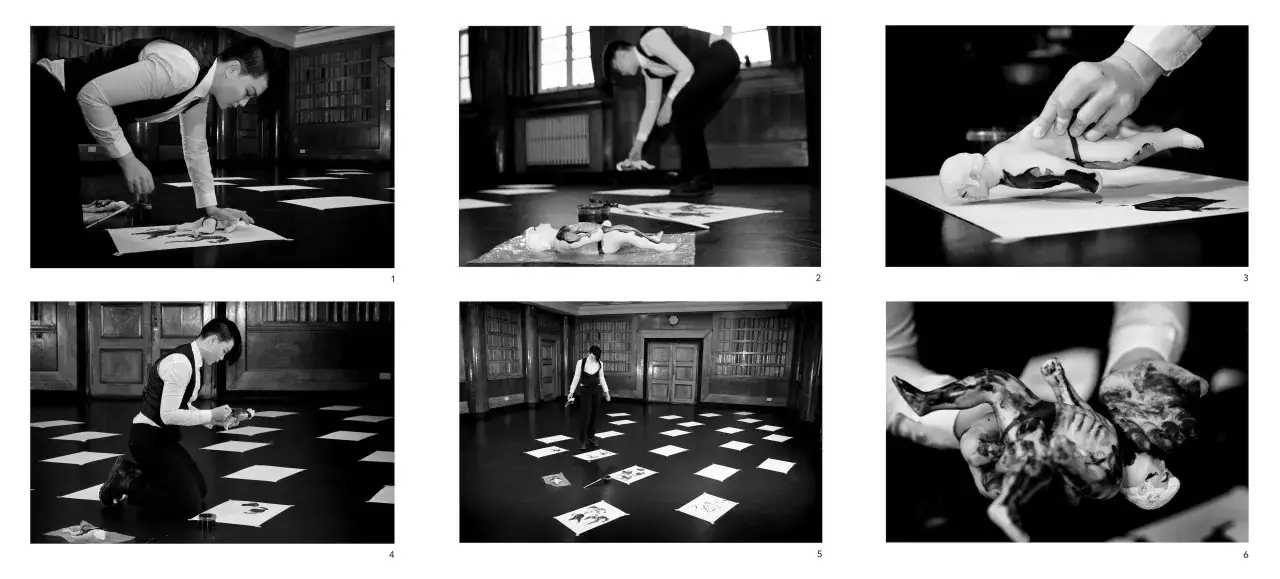 Eli Klein creates art with ink and a doll, leaving a trail of paper and paint.