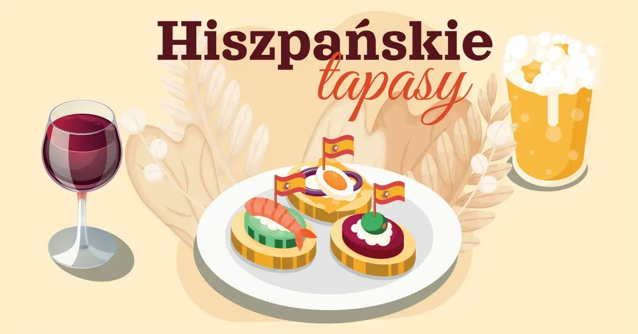Hiszpańskie tapas: krewetka, jajko i oliwka na talerzu, obok kieliszek wina i kufel piwa.