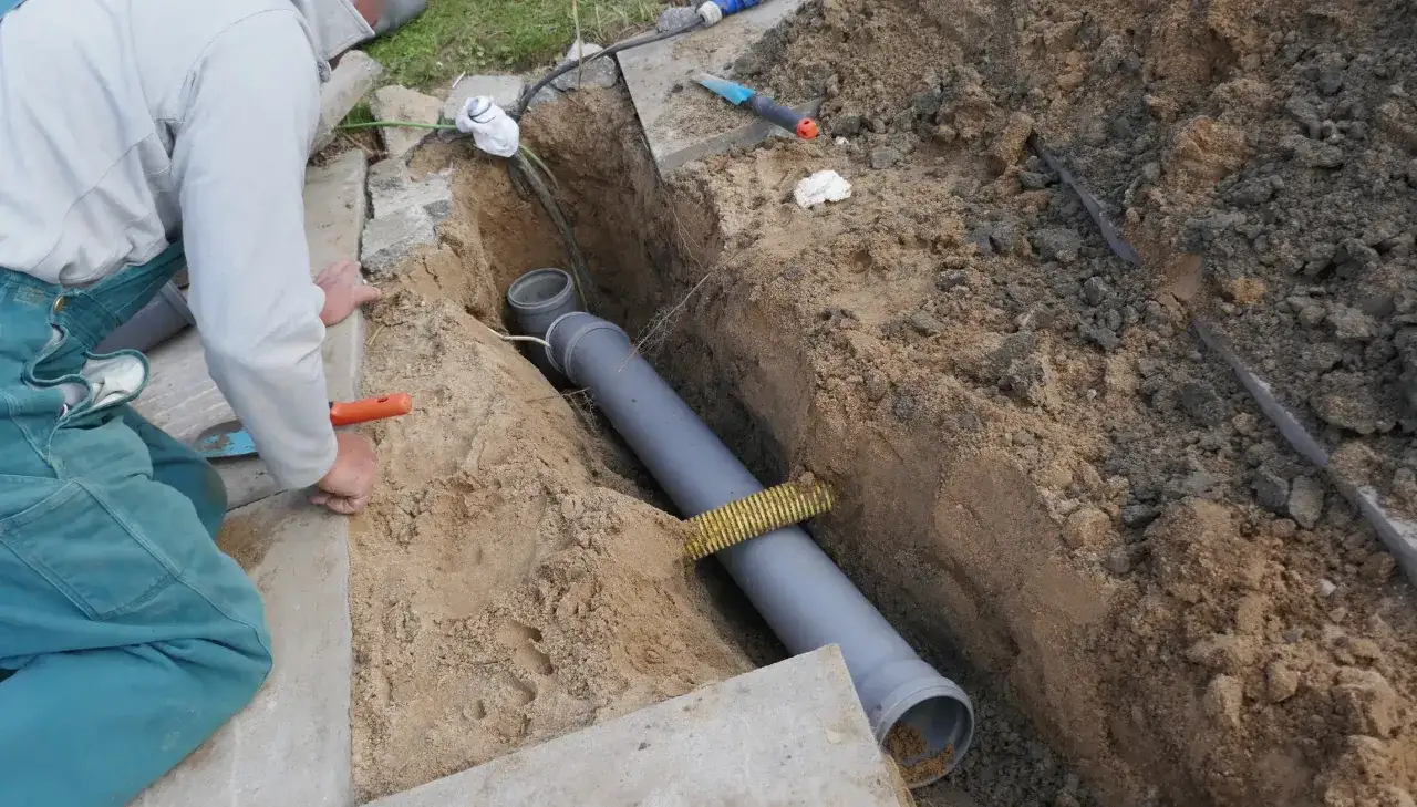 Arbeiter verlegt neuen Kanal. Die **Kanalsanierung Kosten** sind oft geringer als gedacht, wenn man rechtzeitig handelt.