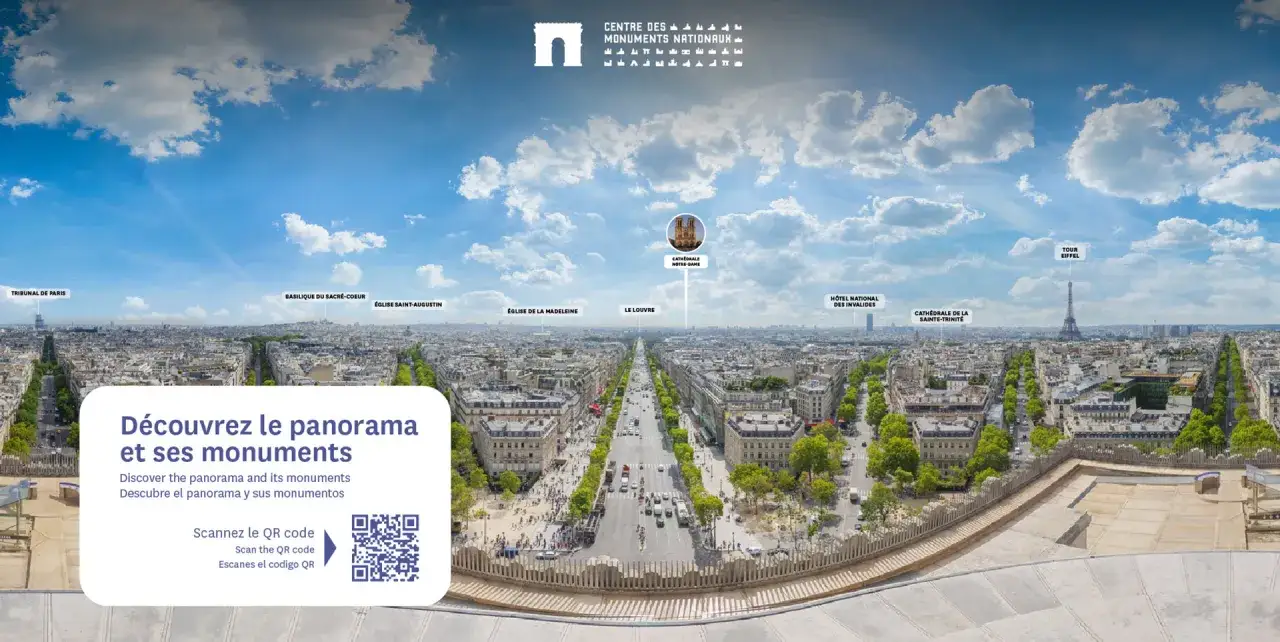 Vue panoramique de Paris, avec le Sacré-Cœur, le Louvre et la Tour Eiffel. L'Arc de Triomphe, situé sur la place du même nom, se trouve dans le 8ème arrondissement.
