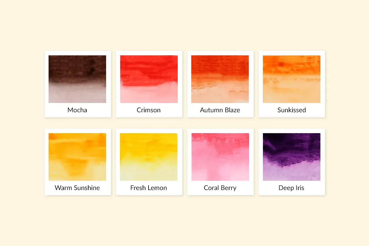 Osiem próbek akwareli: Mocha, Crimson, Autumn Blaze, Sunkissed, Warm Sunshine, Fresh Lemon, Coral Berry, Deep Iris. Różnorodne kolor palet.