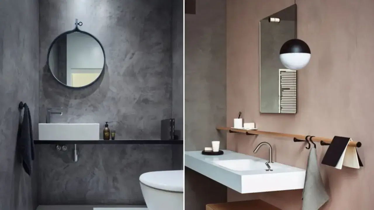 Bagni moderni con pareti effetto resina. Opinioni sul dipingere piastrelle bagno per un look simile.