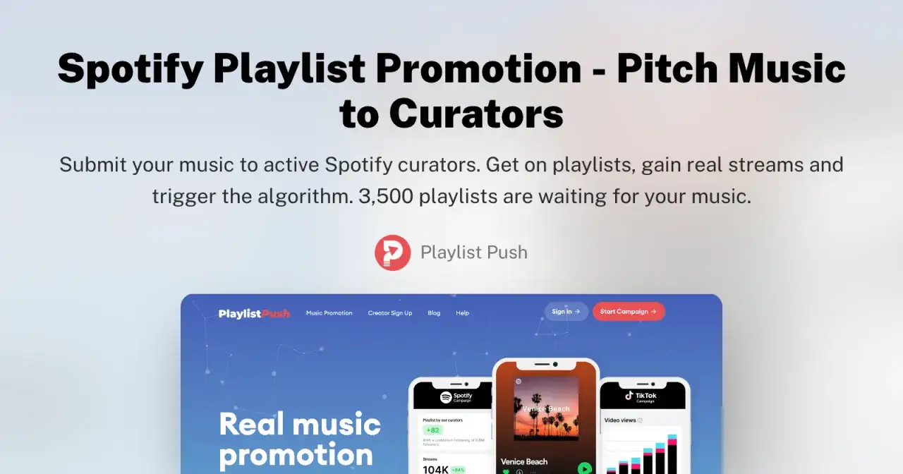 Musik-Promotion f&uuml;r Spotify-Playlists: Reiche deine Musik bei aktiven Kuratoren ein, um auf Playlists zu landen und Streams zu generieren.