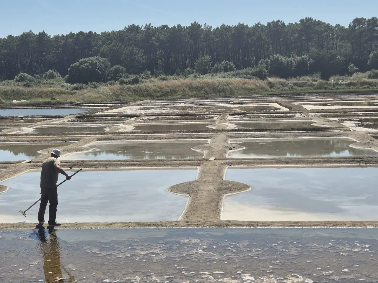 Un salinier travaille dans les marais salants de La Turballe, un paysage typique de randonnée.