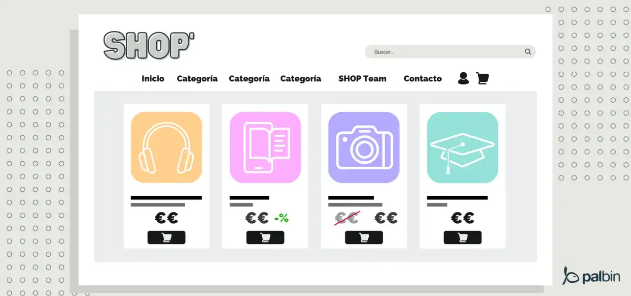 Interfaz de tienda online con iconos de auriculares, libro electrónico, cámara y birrete. Venta de productos digitales.