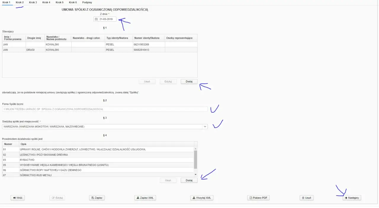 Formularz do wypełnienia wniosku do KRS. Widoczne dane wspólników, nazwa spółki, siedziba i przedmioty działalności. Instrukcja jak złożyć wniosek do KRS elektronicznie.