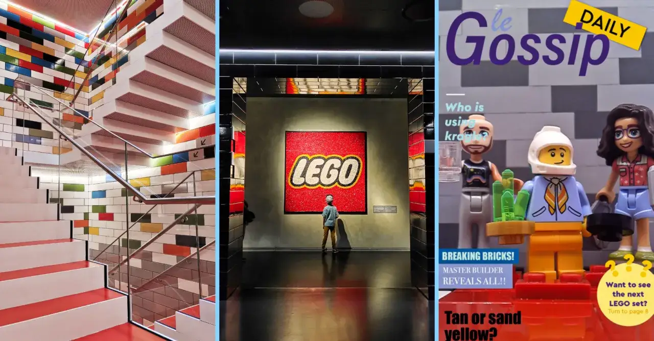Kolorowe schody i ściany w stylu lego, wielkie logo lego w muzeum, a obok minifigurki i nagłówek 