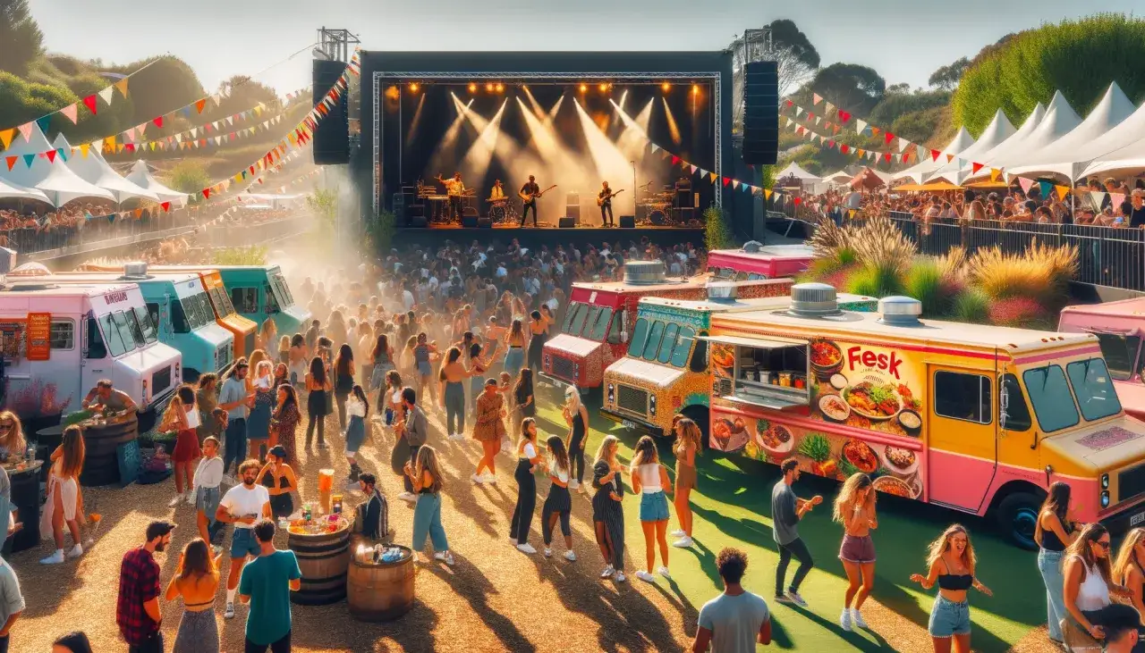 Gente disfrutando de un festival de food trucks con música en vivo.