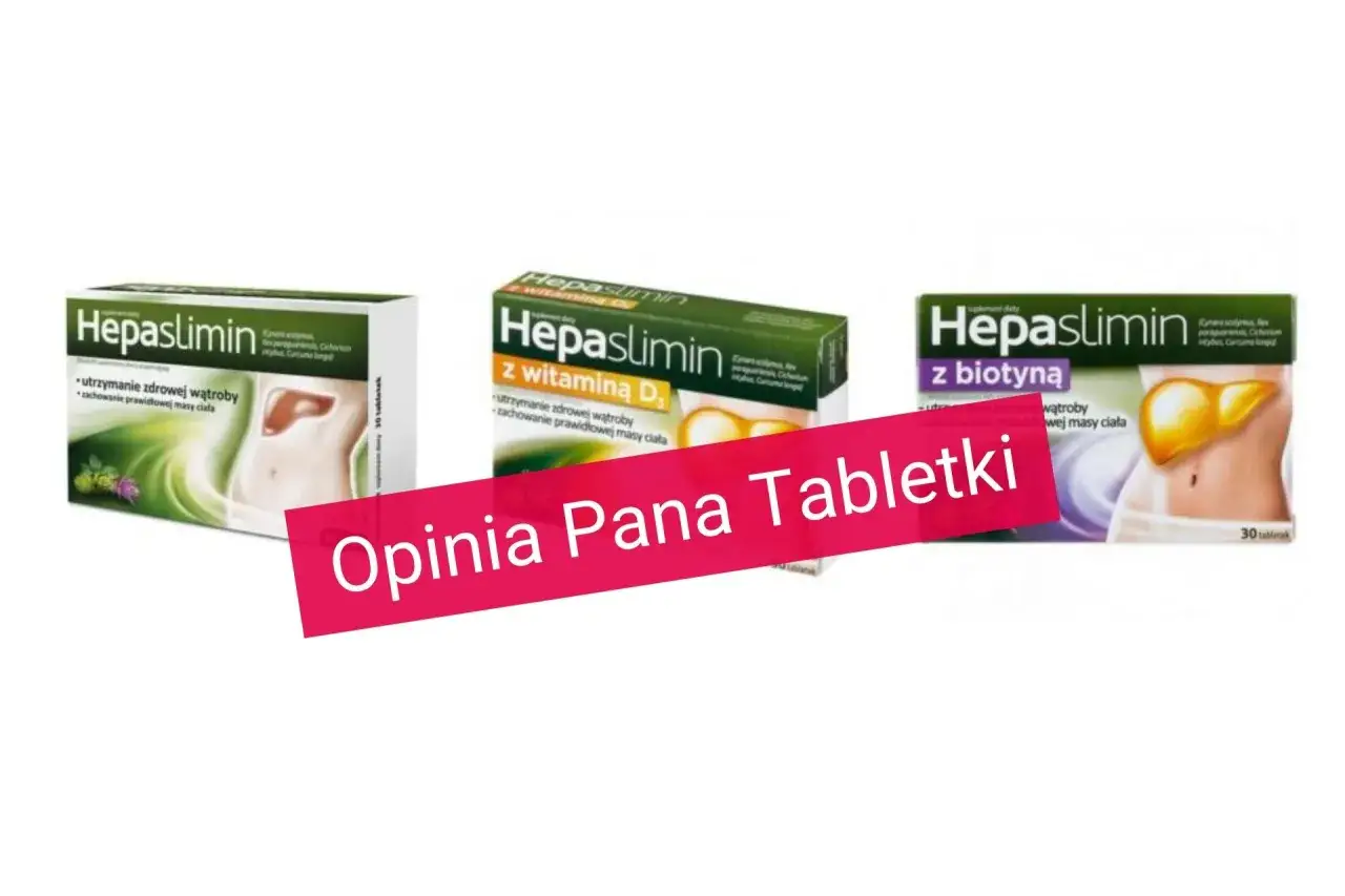 Opakowania Hepaslimin z witaminą D i biotyną. W tle różowy pasek z napisem