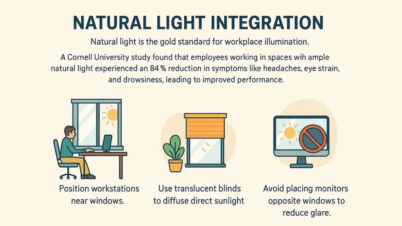 Illustration sur l'intégration de la lumière naturelle au travail : postes près des fenêtres, stores translucides, éviter les reflets sur les écrans. La irc lumière améliore le bien-être.