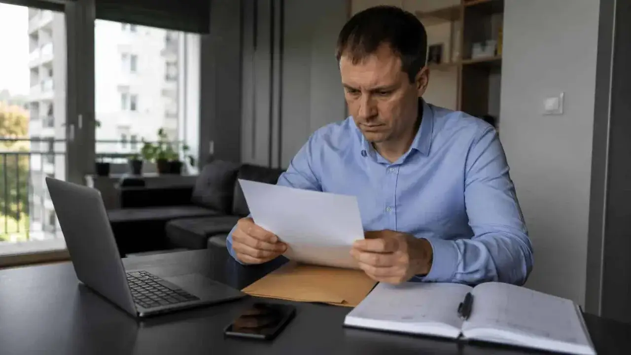 Mężczyzna analizuje dokumenty, szukając informacji, jak odzyskać pieniądze od pracodawcy. Na stole laptop, telefon i notatnik.