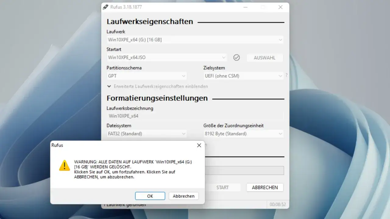Rufus erstellt einen Windows 10 Notfall-Stick. Warnung: Alle Daten auf dem 16 GB Stick werden gel&ouml;scht.