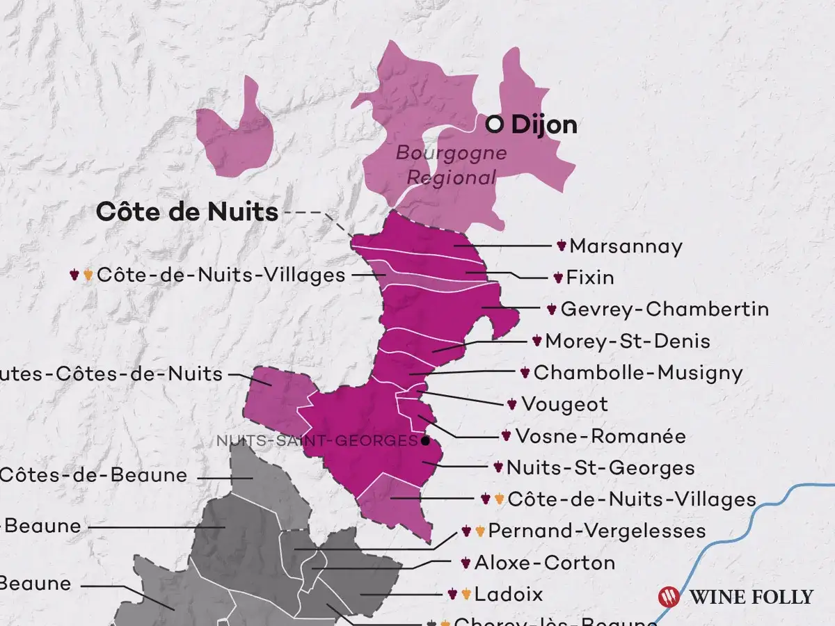 Mapa winnic Burgundii, z zaznaczonymi regionami Côte de Nuits i Côte de Beaune. Idealne miejsce na odkrywanie wyśmienitego **bourgogne chardonnay**.