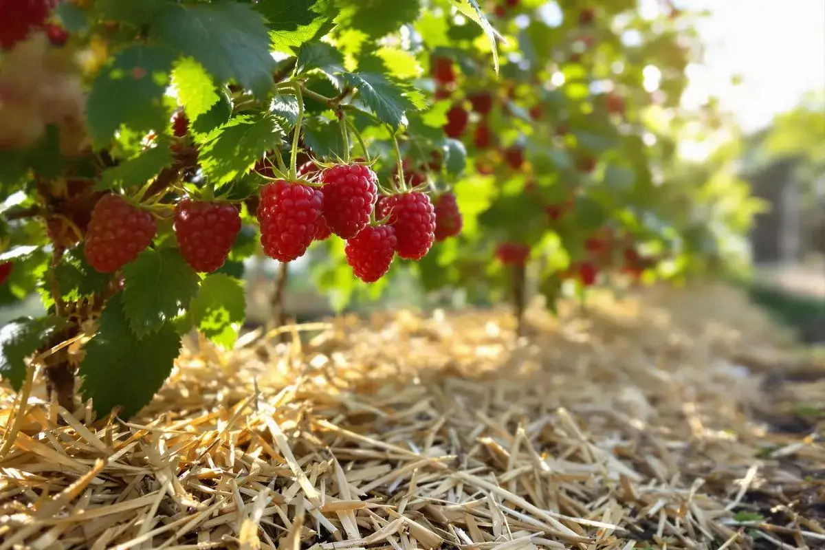 Des framboises mûres pendent sur des branches vertes, au-dessus d'un paillis de paille. C'est une excellente idée de savoir que mettre au pied des framboisiers pour les protéger.