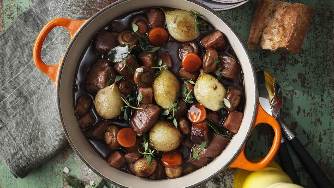 En mustig gryta med k&ouml;tt, champinjoner, mor&ouml;tter och hela sm&aring; l&ouml;kar i en djup s&aring;s. Ett perfekt one pot recept f&ouml;r en mysig middag.