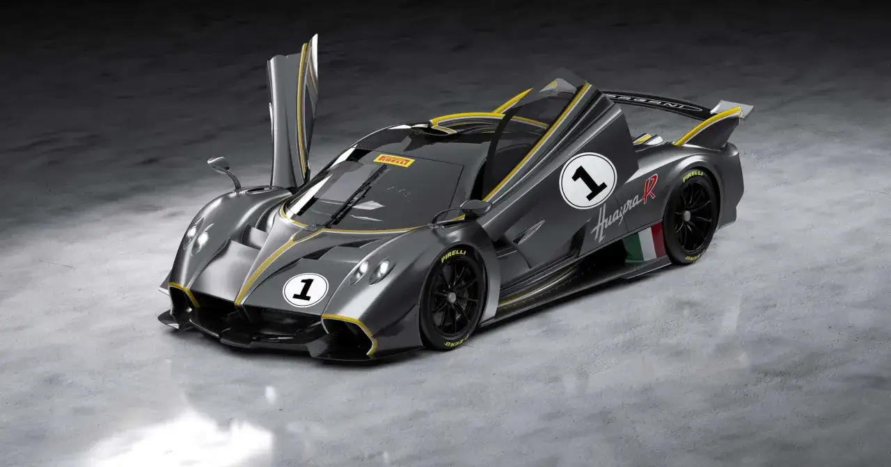 Szary Pagani Huayra R z żółtymi akcentami i numerem 1. Jego cena jest astronomiczna, ale osiągi zapierają dech.