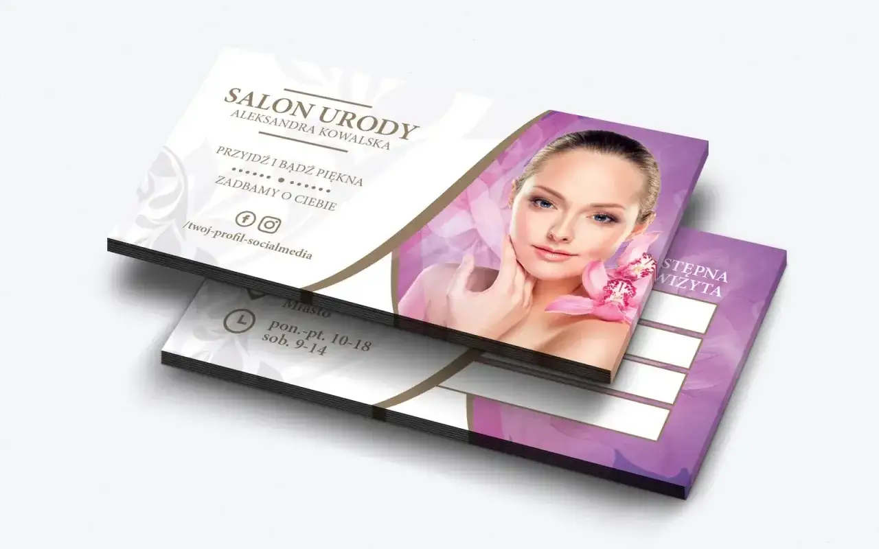 Plan marketingowy salonu urody Aleksandry Kowalskiej. Zaproszenie do piękna i dbania o siebie. Wizytówka z miejscem na pieczątki kolejnych wizyt.