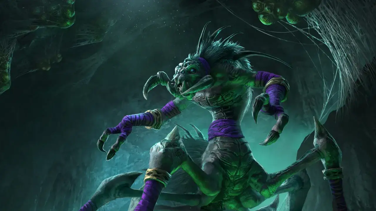 Ein Spinnenwesen mit lila Bandagen, bereit f&uuml;r den Warcraft 3 Reforged Release.