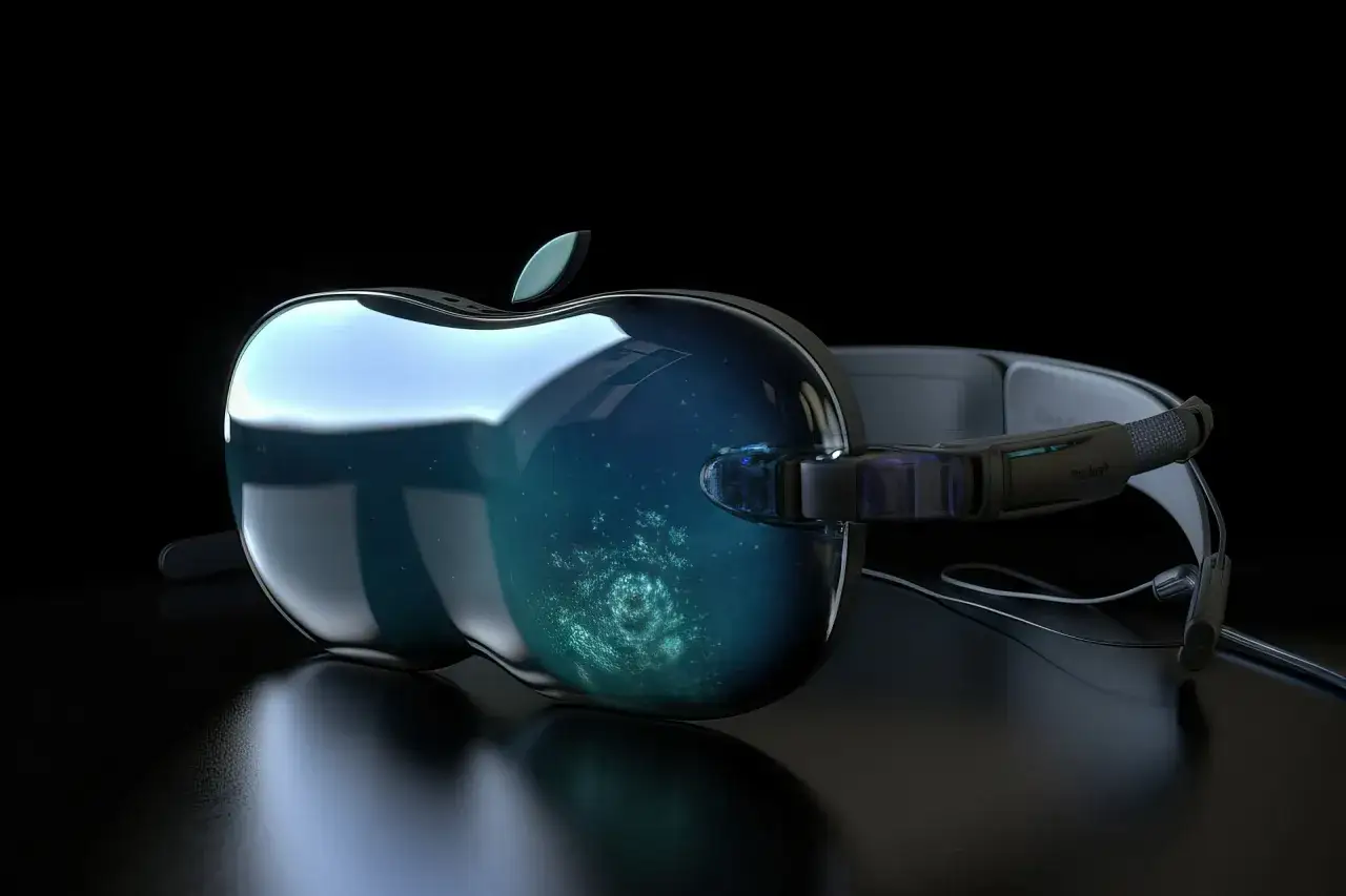 Futurystyczne gogle VR w kształcie jabłka, zapowiedź przyszłych apple premiery.