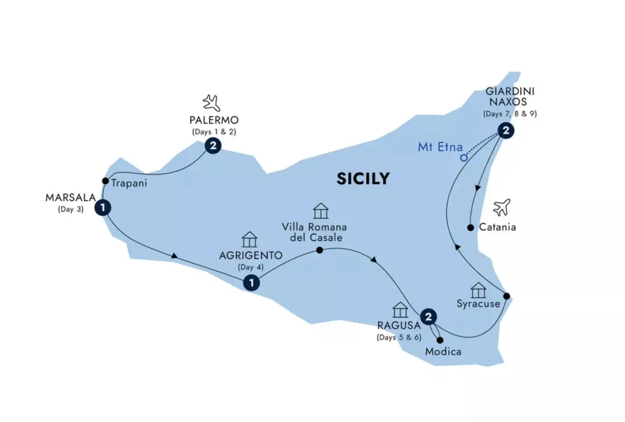 Map showing a 2 week Sicily itinerary, starting in Palermo, then Marsala, Agrigento, Ragusa, Syracuse, Catania, and Giardini Naxos, with Mt Etna nearby.