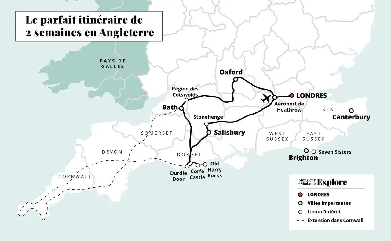 Carte d'un road trip en Angleterre, incluant Londres, Oxford, Bath, Stonehenge, Salisbury, les Cotswolds, la côte du Dorset et une extension en Cornouailles.