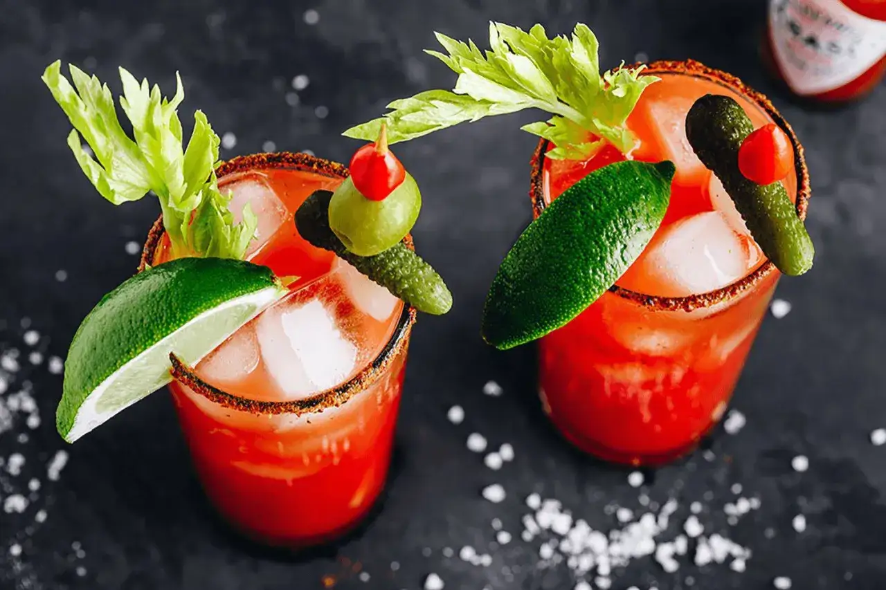 Två Bloody Marys, klassiska drinkar, med is, lime, selleri och cornichoner.