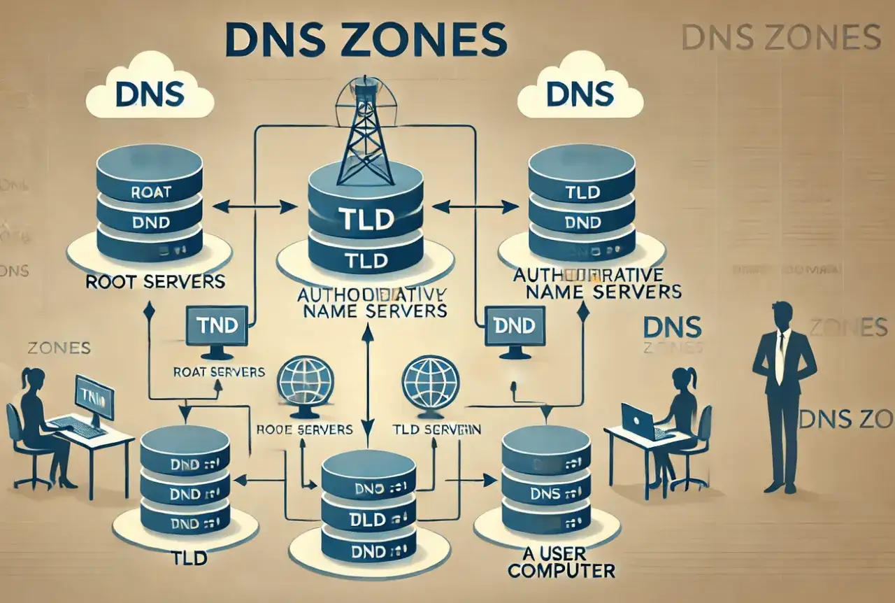 Schemat DNS pokazuje, jak sprawdzić IP domeny, od serwerów root po komputer użytkownika.