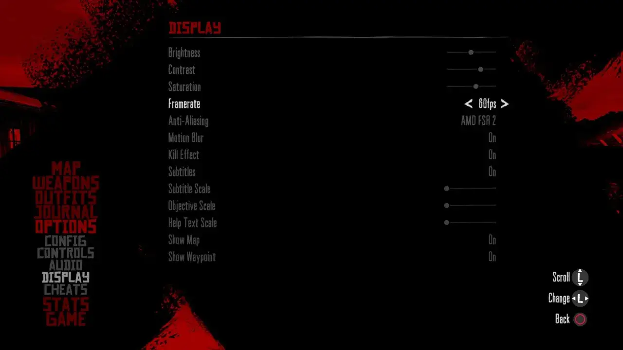 Ustawienia wyświetlania w Red Dead Redemption PS5: klatki na sekundę 60fps, AMD FSR 2.