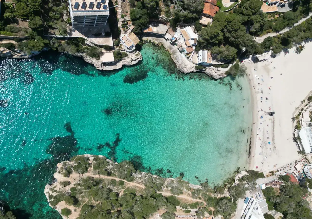 Idealne wczasy na Majorce: turkusowa woda, piaszczysta plaża i białe budynki w otoczeniu zieleni.