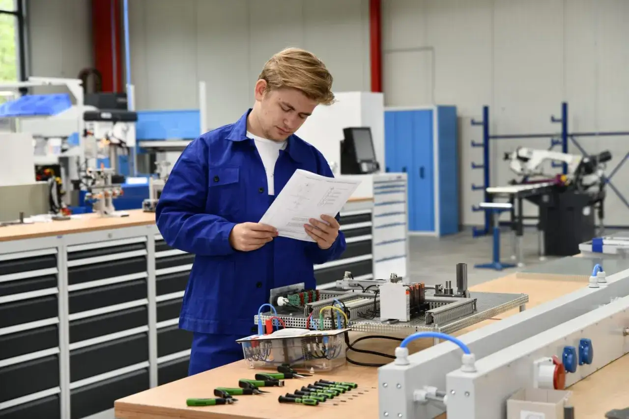 Junger Mann in Werkstatt studiert Schaltplan. Gute Aussichten f&uuml;r Elektroniker Ausbildung Gehalt Bayern.