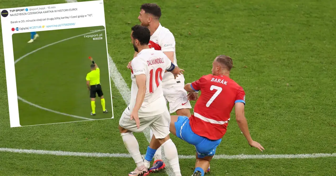 Sędzia pokazuje najszybszą czerwoną kartkę w historii Euro. Piłkarz z numerem 7, Barak, otrzymuje ją w 20. minucie meczu.