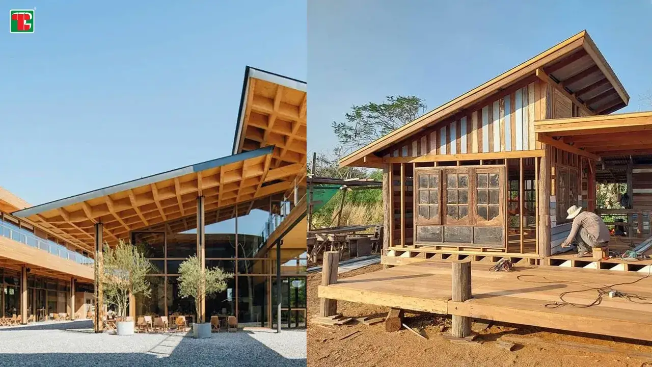 Modern byggnad med träfasad och takkonstruktion i plywood utomhus. Till höger en mindre träbyggnad under uppförande.