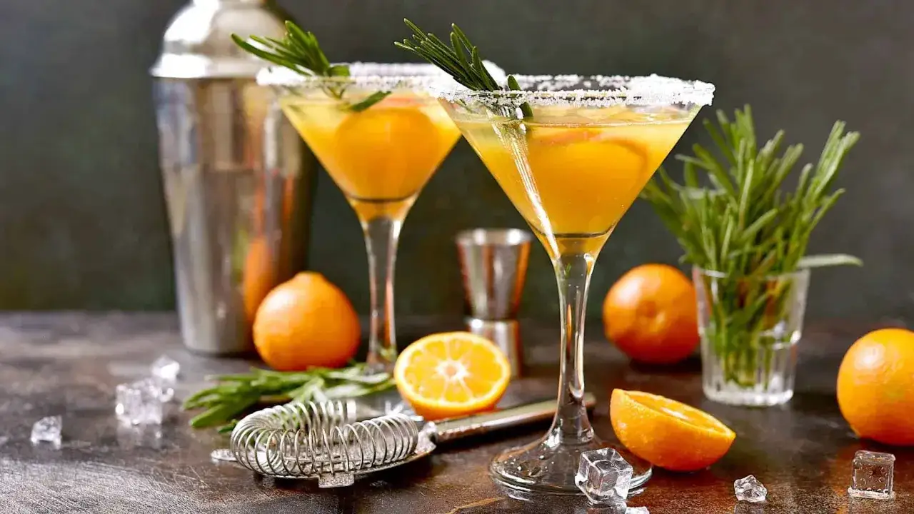 Deux verres de cocktail festif, orn&eacute;s de romarin et de quartiers d'orange, pr&ecirc;ts &agrave; &ecirc;tre d&eacute;gust&eacute;s.