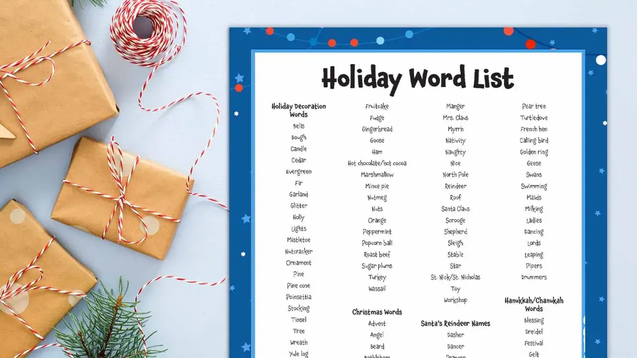 Lista de palabras navide&ntilde;as con regalos envueltos y cuerda roja y blanca. Vocabulario de Navidad.