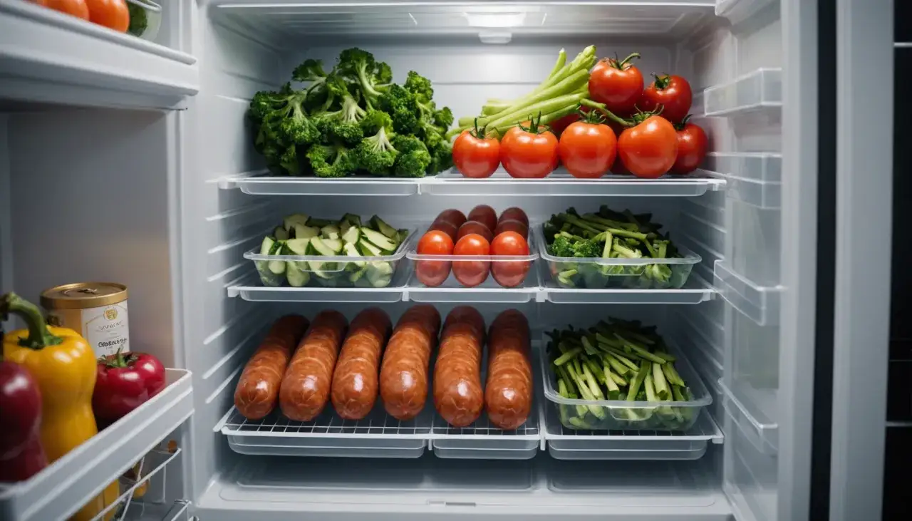 Gefüllter Kühlschrank mit frischer Bratwurst, Gemüse und Obst. Die Bratwurst ist gut gekühlt und hält sich so lange.