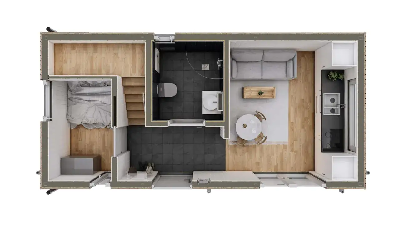 Attefallshus inspiration: Sovrum, badrum, kök och vardagsrum i ett kompakt och smart planerat utrymme.