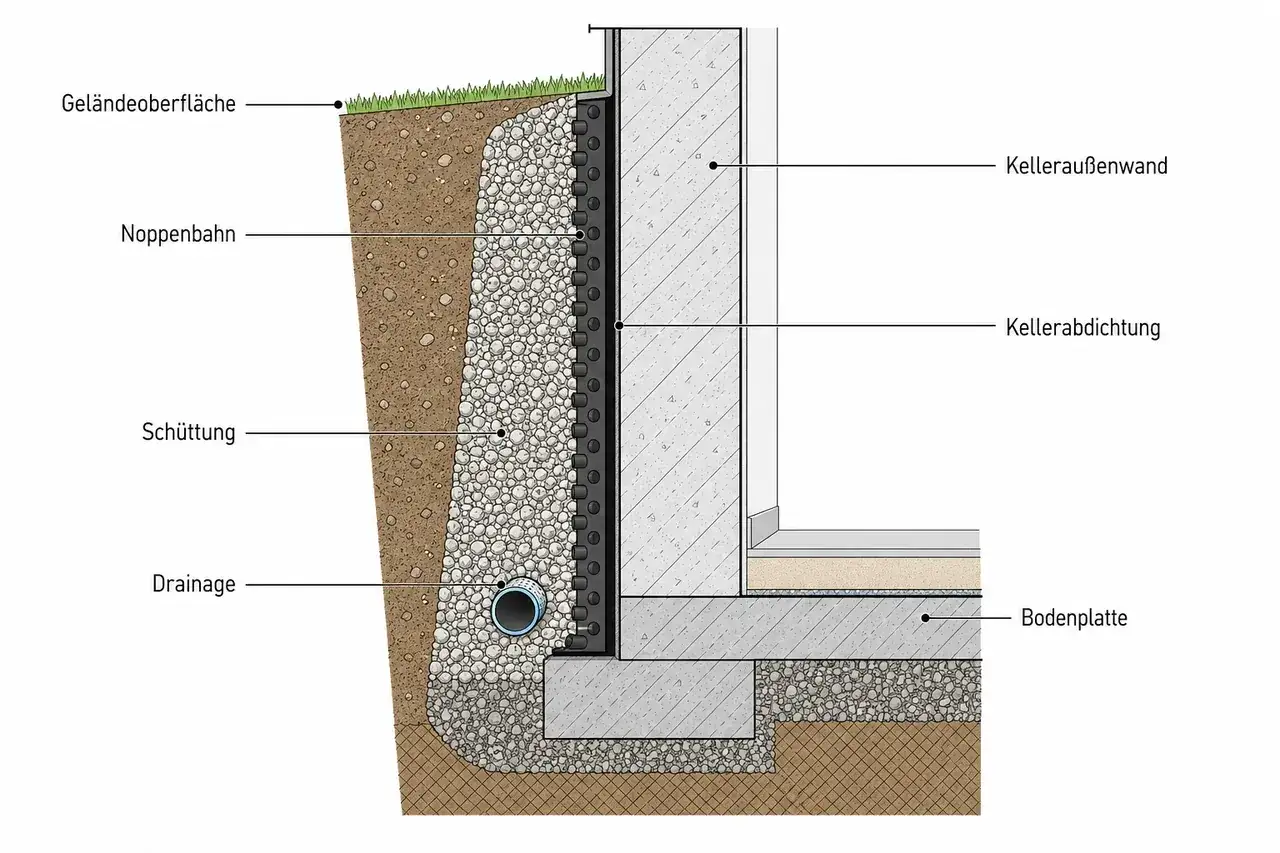Schnittzeichnung einer Kelleraußenwand mit Noppenbahn, Schüttung und Drainage. Die Noppenbahn schützt die Kellerabdichtung vor mechanischer Beschädigung.