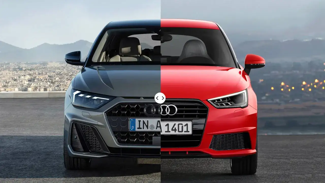 Dos Audi A1, uno gris y otro rojo, se muestran de frente. El gris tiene un fondo de ciudad y el rojo, luces nocturnas.