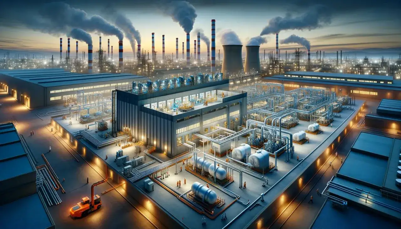 Complejo industrial con chimeneas humeantes. Se observa una planta de procesamiento con tuberías y tanques, cumpliendo el **reglamento gases fluorados**.
