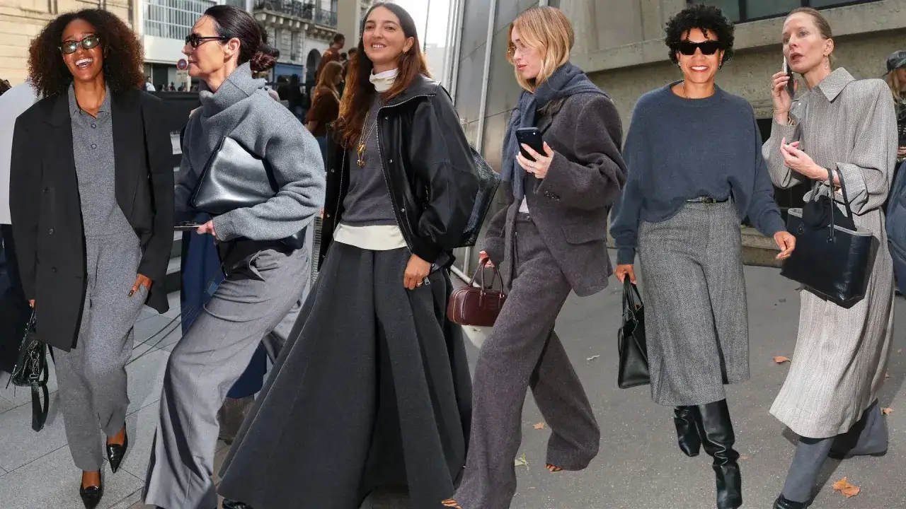 Eleganza in grigio: il colore antracite abbinamenti perfetti per un look sofisticato. Diverse donne sfoggiano outfit monocromatici e chic.