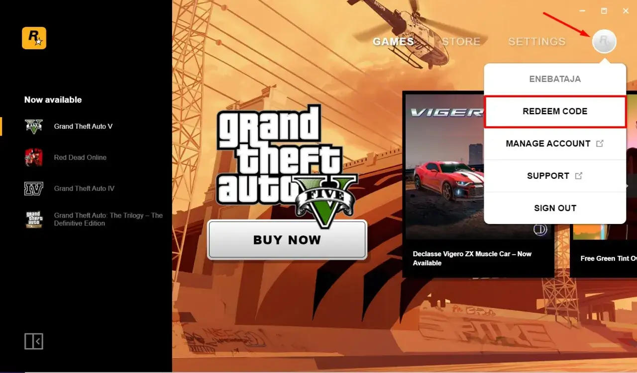 Menu Rockstar Games z opcją 