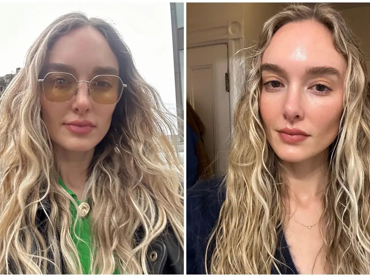 Deux portraits d'une femme aux cheveux ondulés ou bouclés blonds. Elle porte des lunettes de soleil sur le premier plan.