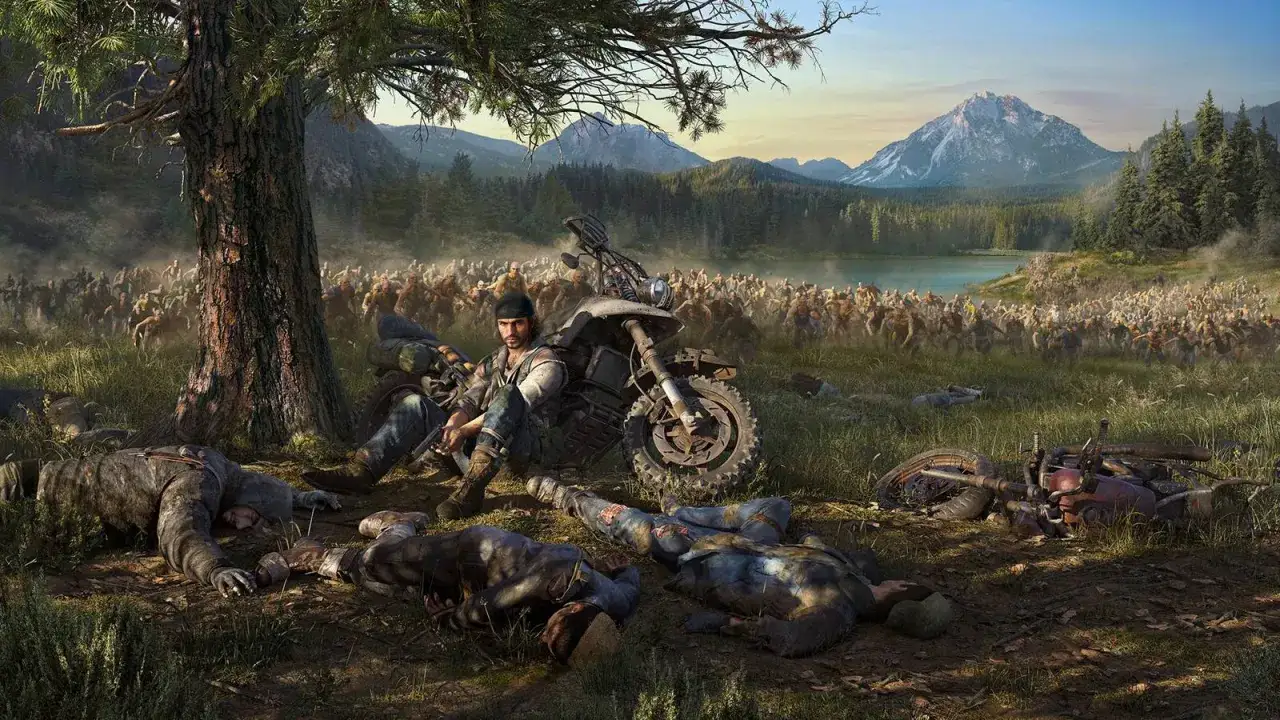 Un superviviente descansa junto a su moto, rodeado de hordas de infectados. Un vistazo al mundo de Days Gone, un análisis de supervivencia.