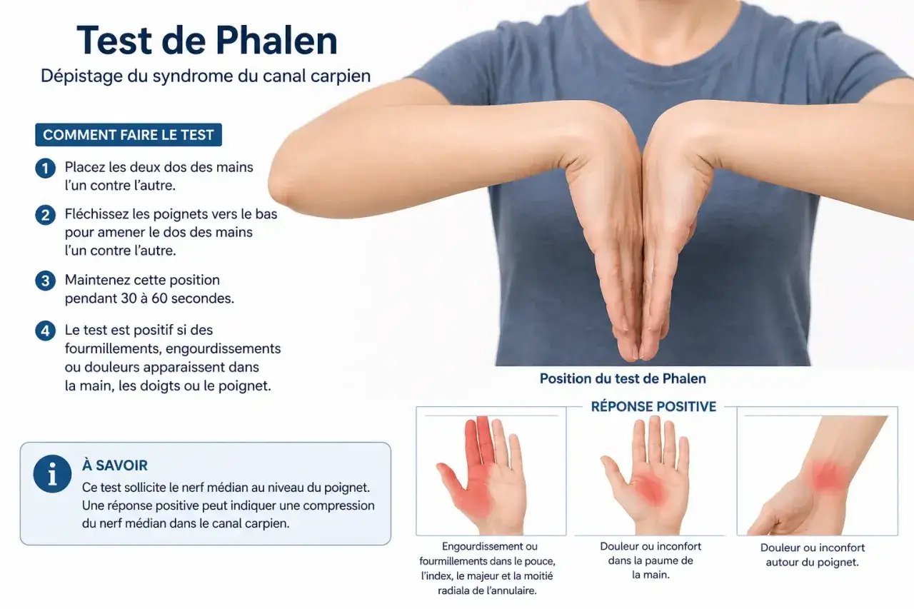 Test de Phalen pour dépister le syndrome du canal carpien. Mains jointes, poignets fléchis. Une réponse positive peut indiquer une maladie pro canal carpien.