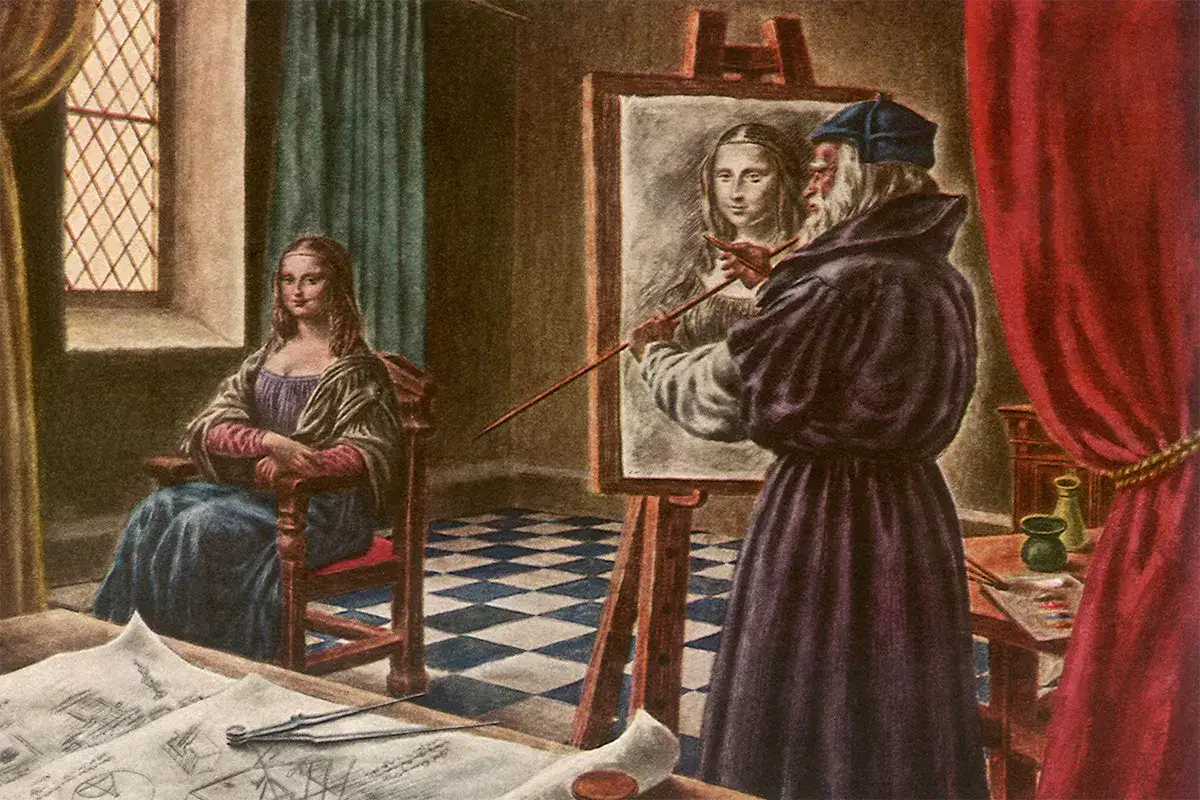 Leonardo da Vinci m&aring;lar Mona Lisa. Bilden visar konstn&auml;ren vid sitt staffli, med modellen sittande. Det &auml;r en fascinerande fr&aring;ga hur l&aring;ng tid det tog att m&aring;la Mona Lisa.