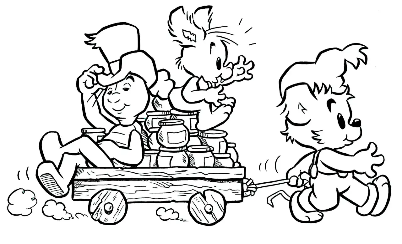 Bamse drar en vagn full med honungsburkar. En mus hoppar glatt ovanpå burkarna.